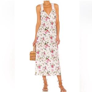 Loveshackfancy Sabina Floral V-Neck Midi Dress in White and Pink